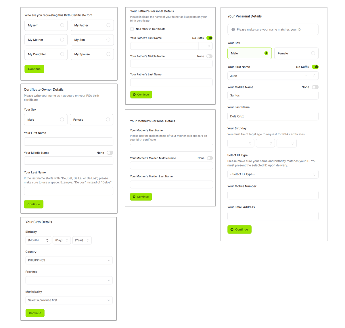 An online application form divided into sections for certificate owner details, parents' details, and birth details.